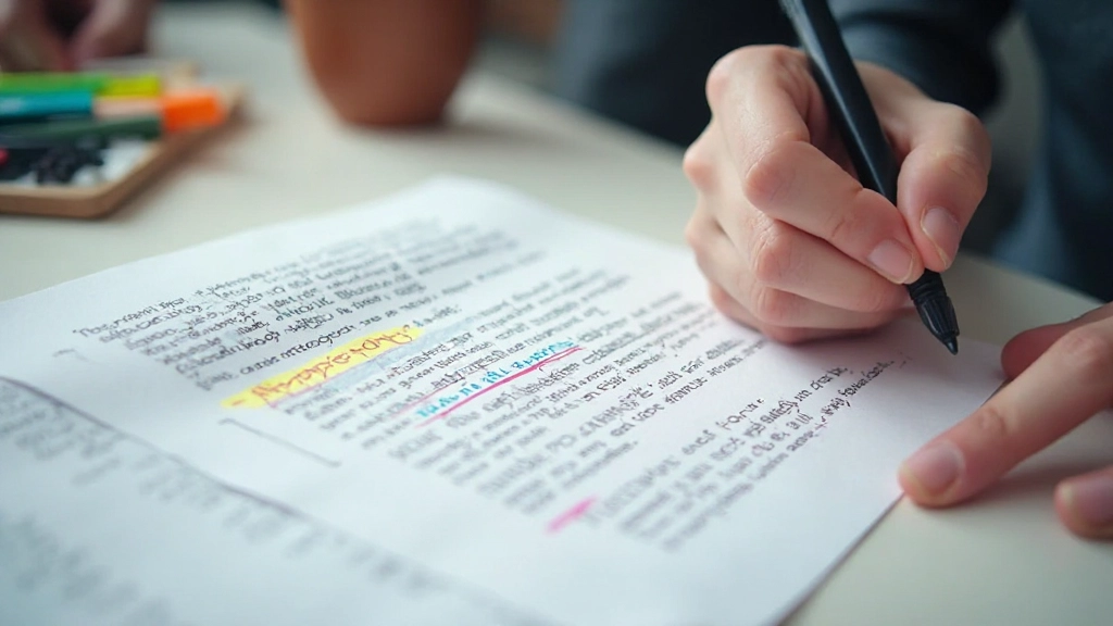 Desk with essay containing highlighted linking words and connective phrases showing cohesion between paragraphs
