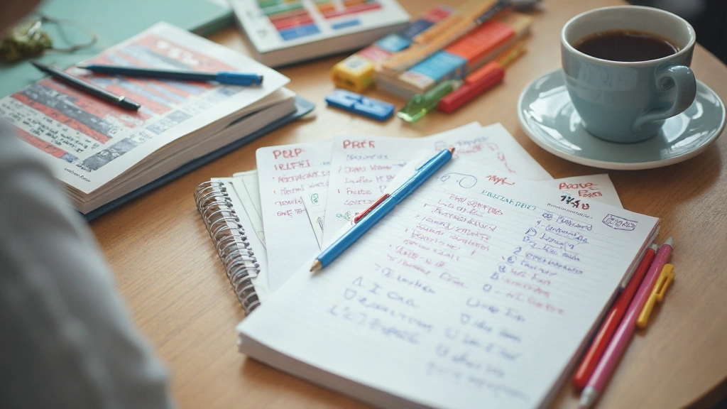 Academic materials arranged on a workspace showing IELTS preparation resources and study notes