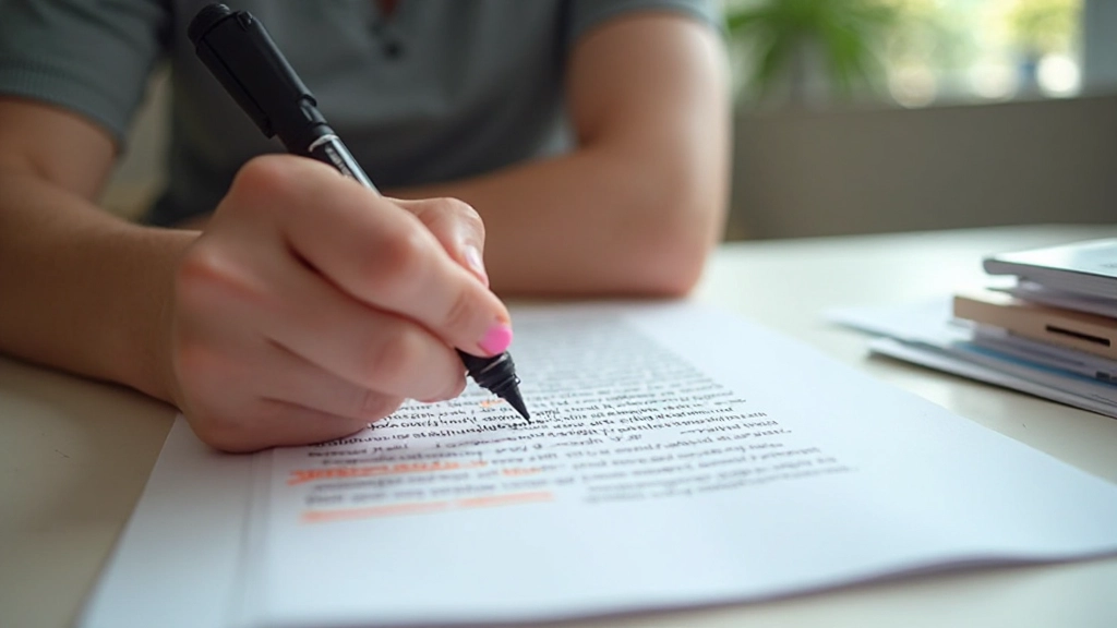 Close-up of IELTS reading passage being highlighted with colored markers showing paragraph structure analysis