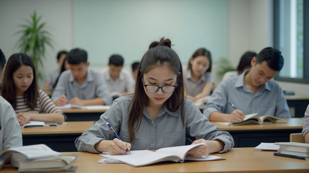 IELTS exam preparation classroom with engaged students and instructor