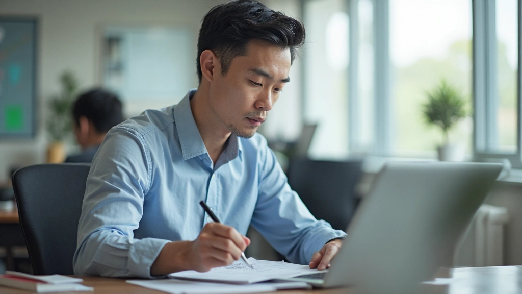 Man at workspace studying IELTS listening materials with focused concentration