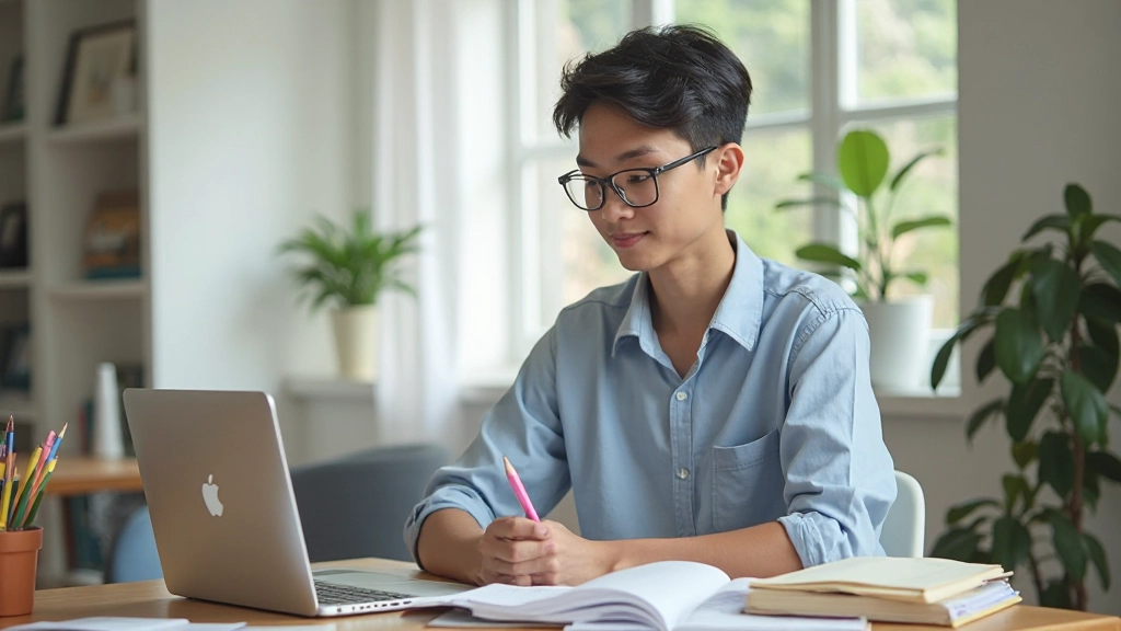 Student studying IELTS materials with focused concentration in a bright study environment