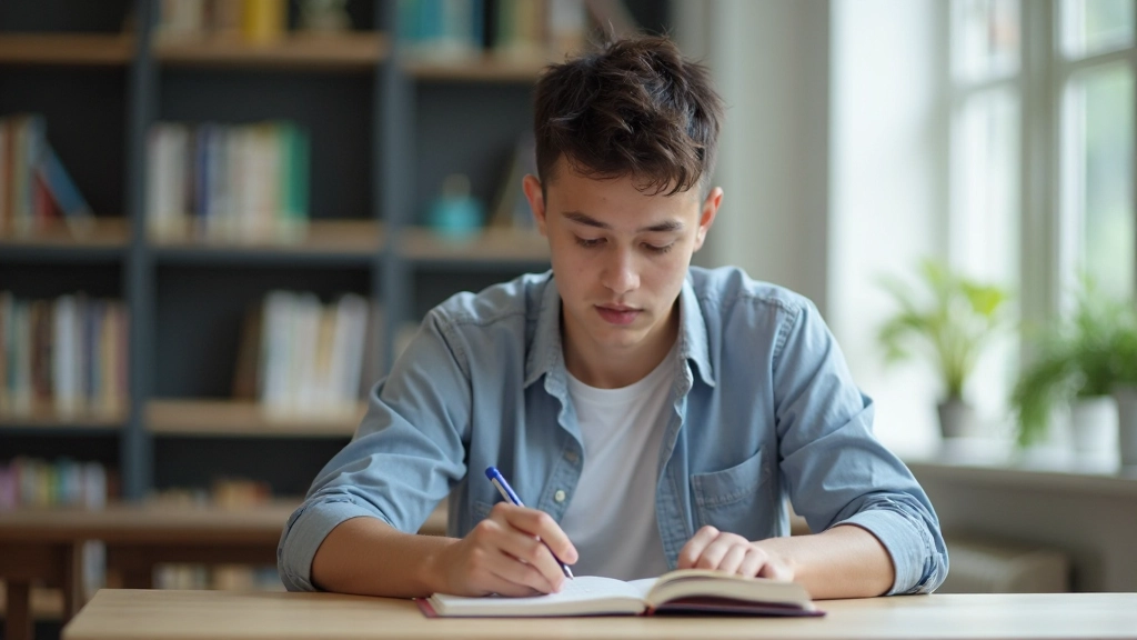 Student carefully reviewing IELTS reading passage with timer and study notes on desk during preparation