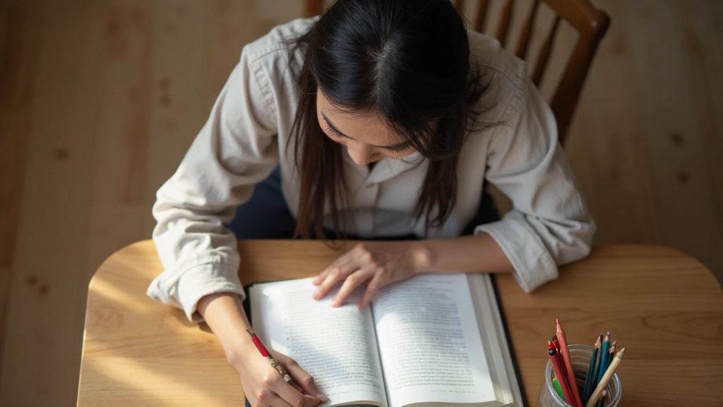 Student writing notes at a wooden desk with an open textbook and pencils