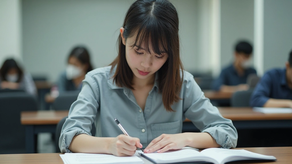 Student taking IELTS mock exam in controlled testing environment
