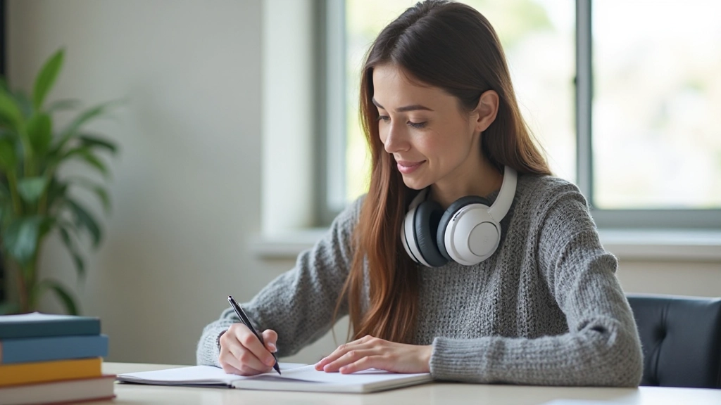 Woman wearing headphones at desk reviewing listening notes and study materials