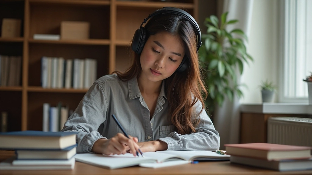 Student wearing headphones taking detailed notes while listening to IELTS practice materials